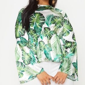 Green Palm Print Satin Tie Detail Blouse